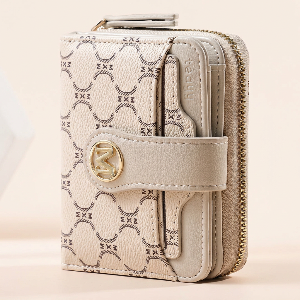 Cream patterned wallet with tab closure and zip-around section on a neutral background